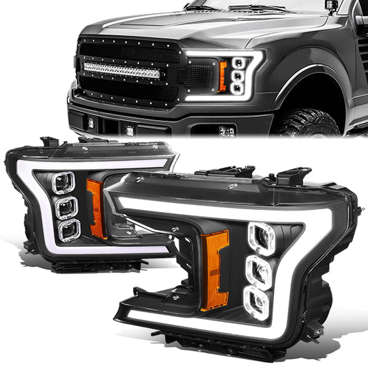 FAROS 18-20 FORD F-150 - FITS MODELS WITH HALOGEN HEADLIGHTS ONLY - SEQUENTIAL LED DRL RING - PROJECTOR HIGH / LOW BEAM - BLACK HOUSING / AMBER CORNER - 194 MARKER - REUSE FACTORY BULB