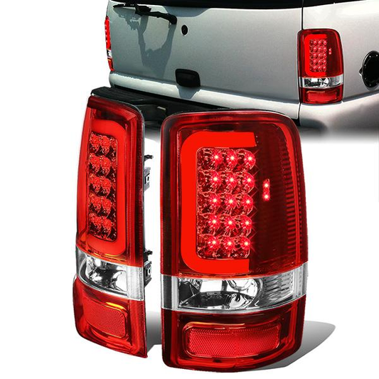 FAROS TRASEROS 00-06 CHEVY TAHOE , CHEVY SUBURBAN 1500 , 2500 , GMC YUKON , YUKON XL 1500 , 2500 - C-BAR - 3D - U-HALO LED - FITS LIFT DOOR MODELS ONLY , DOES NOT FIT BARN DOOR MODELS - CHROME / RED