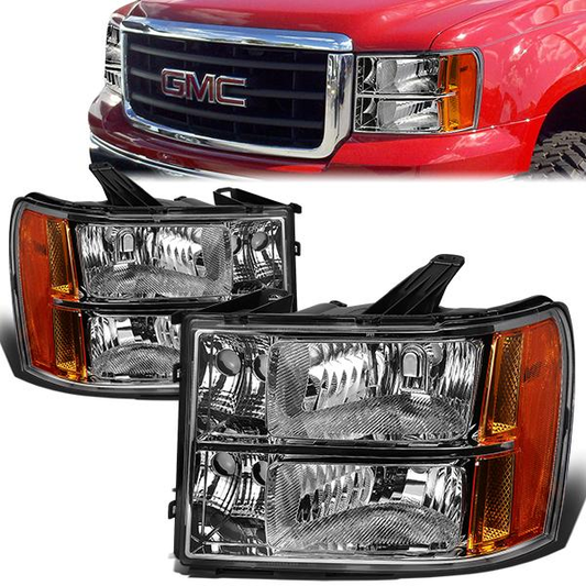 FAROS 07-13 GMC SIERRA 1500 / 07-14 GMC SIERRA 2500, 3500 2/4-DOOR - H11 LOW BEAM / 9005 HIGH BEAM - CHROME HOUSING / AMBER CORNER