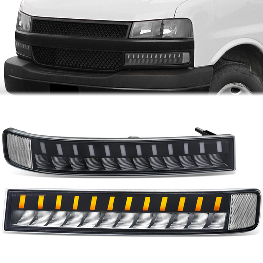 CUARTOS LUZ CHEVROLET EXPRESS 1500 2003-2014 / CHEVROLET EXPRESS 2500 2003-2023 / CHEVROLET EXPRESS 3500 2003-2023 / GMC SAVANA 1500 2003-2014 / GMC SAVANA 2500 2003-2023 / GMC SAVANA 3500 2003-2023 - FULL LED RUNNING / TURN SIGNAL LIGHT - BLACK HOUSING /