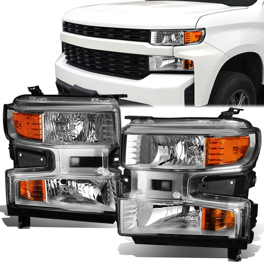 FAROS 19-21 CHEVROLET SILVERADO 1500 - FITS WT/CUSTOM/CUSTOM TRAIL BOSS MODEL ONLY - EXCLUDES LED HEADLIGHT MODELS - ONLY FITS MODELS WITH FACTORY HALOGEN HEADLIGHTS - OE STYLE - CHROME HOUSING / AMBER CORNER - H11 LOW BEAM / 9005 HIGH BEAM