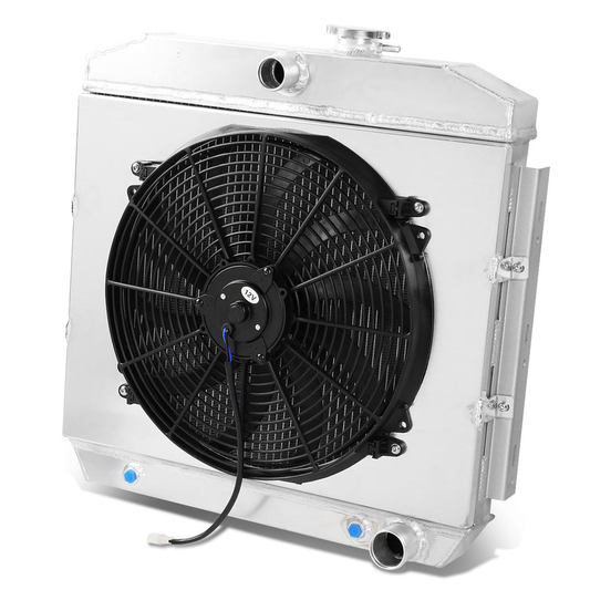 RADIADOR DE ALUMINIO RADIATOR + FAN SHROUD - 3 ROWS - 55-57 CHEVY BEL-AIR V8, CHEVY NOMAD V8, CHEVY ONE-FIFTY SERIES, CHEVY TWO-TEN SERIES / 1957 CHEVY DEL RAY - FITS V8 MANUAL TRANSMISSION MODELS - BLACK FAN