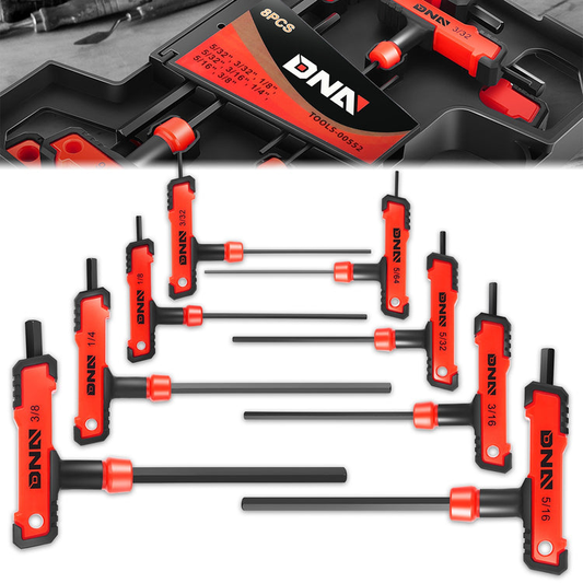HERRAMIENTAS COLOR T-TYPE HEX KEY SET WITH FLAT HEAD - SIZE:5/32"-3/8" - RED - 8PCS PLASTIC BOX