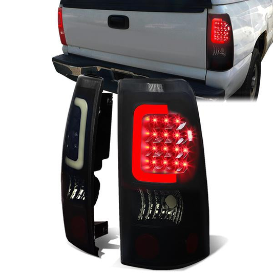 FAROS TRASEROS 99-02 CHEVY SILVERADO 1500 , 2500 , 3500 , HD MODELS / 99-03 GMC SIERRA 1500 , 2500 , HD MODELS - C-BAR - 3D - U-HALO LED - BLACK / SMOKE