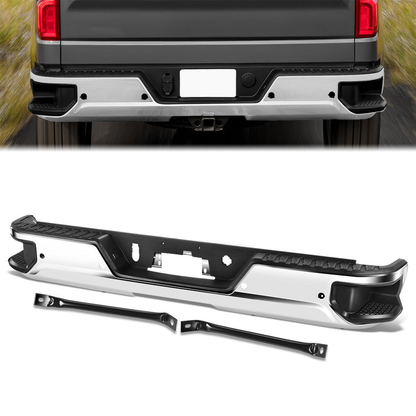 DEFENSA TRASERA 19-23 CHEVY SILVERADO 1500 GMC SIERRA 1500 ALSO FITS CHEVY SILVERADO 1500 LTD 22 AND GMC SIERRA 1500 LIMITED 22 - CORNER STEP MODEL W/ PARKING SENSOR HOLES - W/O EXHUAST CUTOUTS - CHROME/STEEL