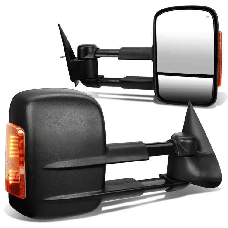 RETROVISORES EXTENDIBLES TOWING MIRROR - 99-02 CHEVY SILVERADO 1500, 2500, 3500, GMC SIERRA 1500, 2500, 3500 / 00-02 CHEVY TAHOE, CHEVY SUBURBAN 1500, 2500, GMC YUKON - PAIR - POWERED W/ HEATED - BLACK - AMBER SIGNAL