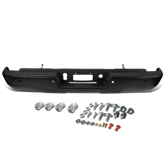 DEFENSA TRASERA 14-17 CHEVY SILVERADO GMC SIERRA 1500 2500 3500 - W/ PARKING SENSOR HOLES - W/ LICENSE PLATE LIGHTS - FITS MODELS W/ REAR PARKING SENSORS - BLACK/STEEL