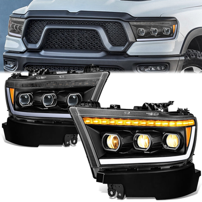 FAROS RAM 1500 2019-2024 - WITH FACTORY HALOGEN HEADLIGHTS - OE STYLE - 9005 HIGH / H11 LOW / 12961 MARKER - BLACK HOUSING / AMBER CORNER