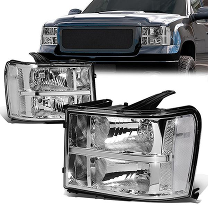 FAROS 07-13 GMC SIERRA 1500 / 07-14 GMC SIERRA 2500 / 07-14 GMC SIERRA 3500 - DOES NOT FIT 2007 CLASSIC (OLD BODY) STYLES - OE STYLE - CHROME HOUSING / CLEAR CORNER - H11 LOW BEAM / 9005 HIGH BEAM, 4151NA SIGNAL, 194 MARKER