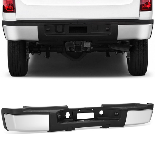 DEFENSA TRASERA 11-14 CHEVROLET SILVERADO 2500 HD / 11-14 CHEVROLET SILVERADO 3500 HD / 11-14 GMC SIERRA 2500 HD / 11-14 GMC SIERRA 3500 HD - WITHOUT REAR PARKING SENSOR HOLES - FITS MODELS WITH SINGLE REAR WHEELS - CHROME