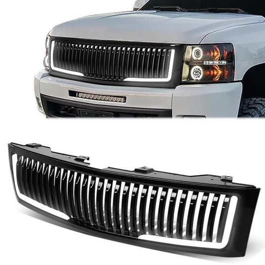PARRILLA GRILLE - 07-13 CHEVY SILVERADO 1500 - VERTICAL FENCE STYLE - W/ LED DRL LIGHT - BLACK