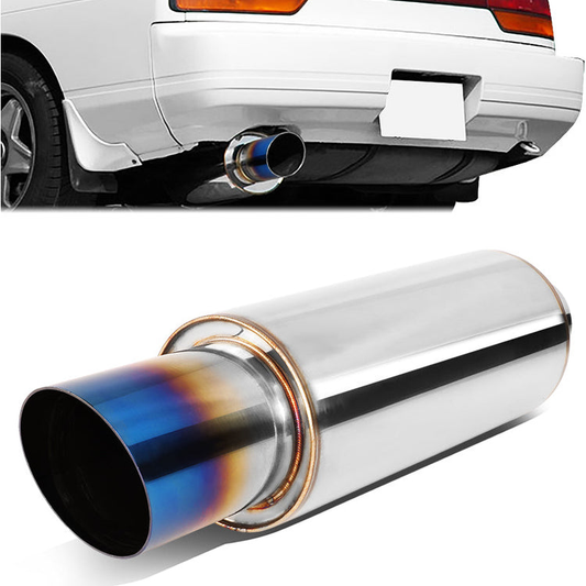 MOFLES RACING MUFFLER - TIP DIAMETER: 3.0"
TIP LENGTH: 3.5"
INLET DIAMETER: 2.25"
INLET LENGTH: 1.77"
BODY DIAMETER: 4.0"
BODY LENGTH: 9.2"
TOTAL LENGTH: 14.7" STRIGHT CUT / BURN TIP