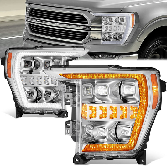 FAROS 21-23 FORD F-150 - FITS MODELS WITH HALOGEN HEADLIGHTS - WHITE 3D LIGHT BAR / SEQUENTIAL CHASE TURN SIGNAL - CHROME