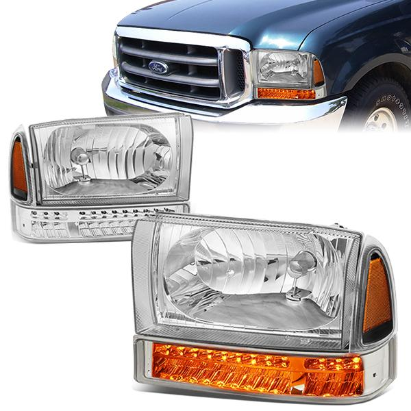 FAROS 99-04 FORD F-250, F-350 / 00-04 FORD EXCURSION 2/4-DOOR - DOES NOT FIT LIGHT DUTY MODELS OR MODELS WITH SEALED BEAM HEADLIGHTS - LED DRL - CHROME HOUSING / AMBER CORNER - 9007 LOW BEAM / HIGH BEAM