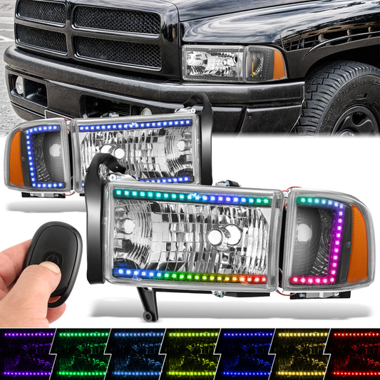 FAROS DODGE RAM 1500 1994-2001 / DODGE RAM 2500 1994-2002 / DODGE RAM 3500 1994-2002 - EXCLUDES SPORT MODELS - RGB LED LIGHT BAR - 9004 LOW BEAM / HIGH BEAM - CHROME HOUSING / AMBER CORNER