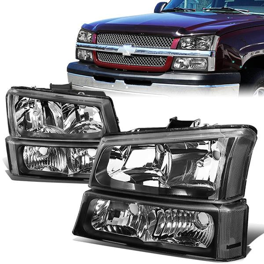 FAROS 03-04 CHEVY SILVERADO 2500 / 03-06 CHEVY AVALANCHE 1500 , 2500 / 03-06 CHEVY SILVERADO 1500 , 1500HD , 2500HD , 3500 2/4-DOOR - FITS MODELS WITHOUT FACTORY CLADDING ONLY - 4PC - BLACK HOUSING / CLEAR CORNER - 9006 LOW BEAM / 9005 HIGH BEAM