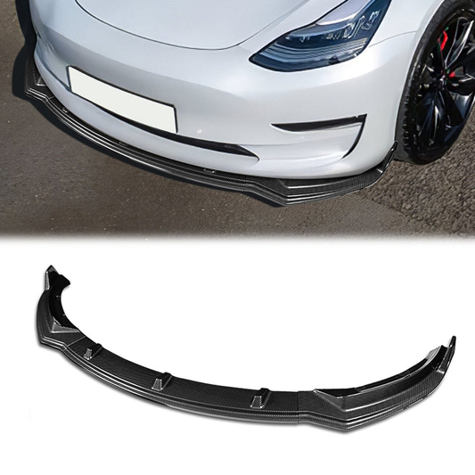 LIP FRONTAL 17-21 TESLA MODEL 3 - REQUIRES DRILLING BUMPER FOR INSTALLATION - 3PC - CARBON FIBER LOOK