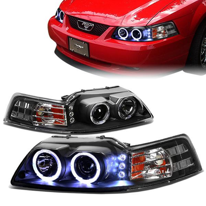 FAROS 99-04 FORD MUSTANG 2-DOOR - LED DRL - HALO PROJECTOR - BLACK HOUSING / AMBER CORNER - H1 LOW BEAM / HIGH BEAM