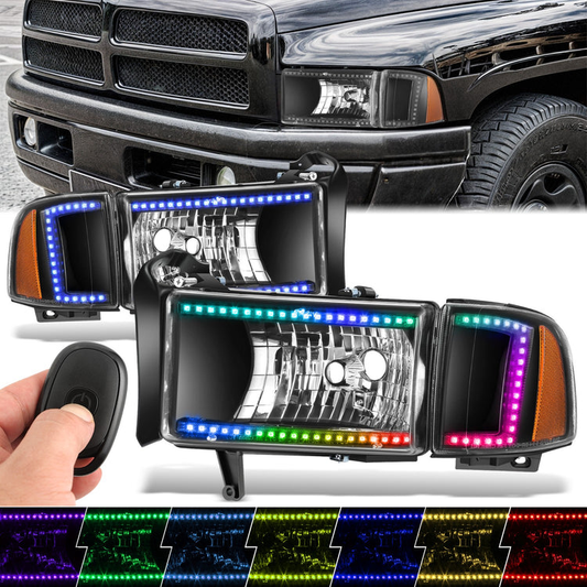 FAROS DODGE RAM 1500 1994-2001 / DODGE RAM 2500 1994-2002 / DODGE RAM 3500 1994-2002 - EXCLUDES SPORT MODELS - RGB LED LIGHT BAR - 9004 LOW BEAM / HIGH BEAM - BLACK HOUSING / AMBER CORNER