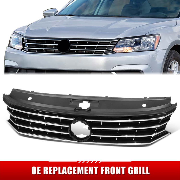 PARRILLA GRILLE - VG PASAT '16-'19/'20-ON/ GRILLE ASS'Y 16-19/ PAINTED BLACK/BLACK/ W/CHROME MOULDING/ (W/COLLISION WARNING)/(HALOGEN TYPE)//PARTS.NO,VW1200169//OEM NO,561853651HOQE