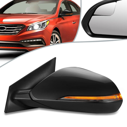 RETROVISOR MIRROR - OEM - 15-17 HYUNDAI SONATA - POWERED - HEATED - W/ SIGNAL LIGHT - FOLDING - W/ SPOTTER GLASS - BLACK MATERIAL - LEFT