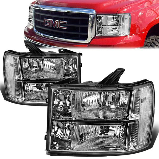 FAROS 07-13 GMC SIERRA 1500 / 07-14 GMC SIERRA 2500, 3500 2/4-DOOR - H11 LOW BEAM / 9005 HIGH BEAM - CHROME HOUSING / CLEAR CORNER