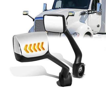 RETROVISOR HOOD MIRROR - 11-21 KENWORTH T680 / 13-21 PETERBILT 579 / 11-18 PETERBILT 587 - MARKER/ TURN SIGNAL LIGHTS NEED TO BE WIRED INTO EXISTING LIGHTING HARNESS - MANUAL - AMBER CHASING LED ARROW-CHEVRON - CHROME