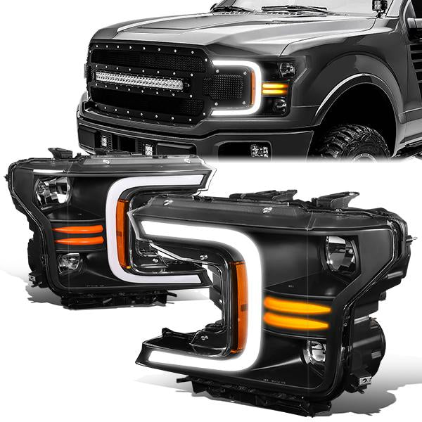 FAROS 18-21 FORD F-150 - FITS MODELS WITH HALOGEN HEADLIGHTS ONLY - C-BAR LED DRL - SEQUENTIAL LED - BLACK HOUSING / AMBER CORNER