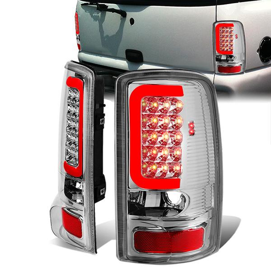FAROS TRASEROS 00-06 CHEVY TAHOE , CHEVY SUBURBAN 1500 , 2500 , GMC YUKON , YUKON XL 1500 , 2500 - RED C-BAR - 3D - U-HALO LED - FITS LIFT DOOR MODELS ONLY , DOES NOT FIT BARN DOOR MODELS - CHROME / CLEAR