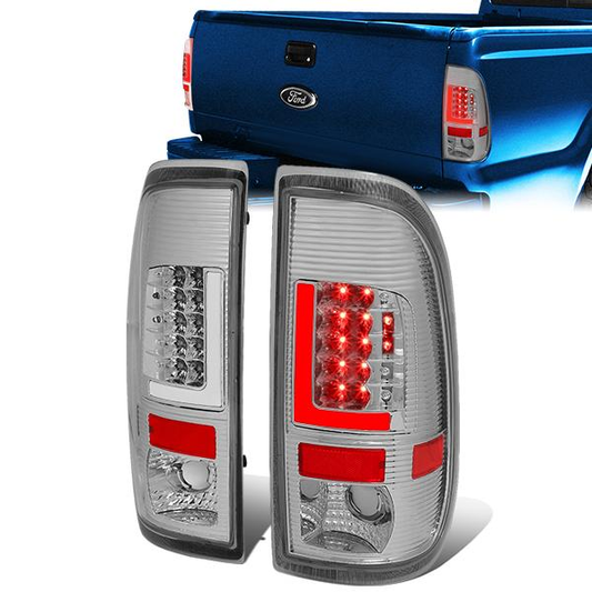 FAROS TRASEROS 97-03 FORD F-150 / 97-99 FORD F-250 / 99-07 FORD F-250, F-350, F-450, F-550 - SUPER DUTY / 04 FORD F-150 HERITAGE - L-BAR - 3D - LED - FITS STYLESIDE MODELS ONLY - CHROME / CLEAR