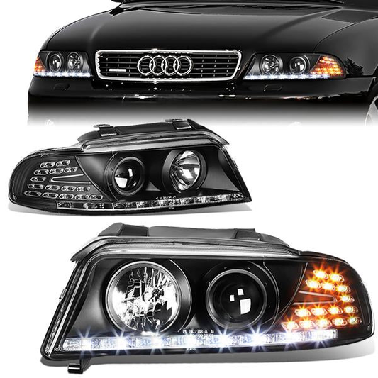 FAROS 96-01 AUDI A4, A4 QUATTRO - DOES NOT FIT MODELS WITH OEM XENON HID HEADLIGHTS - 4DR - LED DRL - PROJECTOR - BLACK HOUSING / CLEAR LENS / AMBER SIGNAL