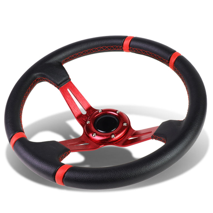 VOLANTE STEERING WHEEL - 350MM - PVC BLACK LEATHER - 6-BOLT - ALUMINUM - RED CENTER W/ 2 RED STRIPES ON TOP & BOTTOM