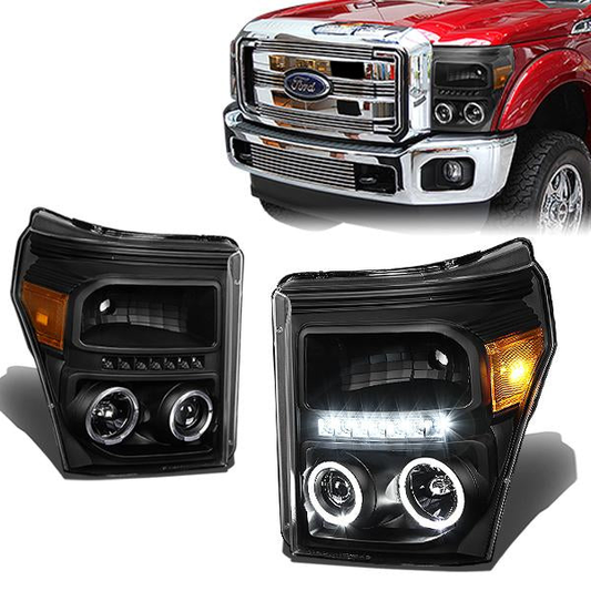 FAROS 11-16 FORD F-250, F-350, F-450, F-550 - SUPER DUTY 2/4-DOOR - LED - HALO PROJECTOR - BLACK HOUSING / AMBER CORNER - H1 LOW BEAM / HIGH BEAM