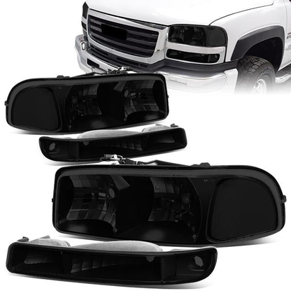 FAROS 99-07 GMC SIERRA 1500 / 99-04 2500 / 01-07 1500 HD/2500 HD/3500 HD / 99-06 YUKON / 00-06 YUKON XL 1500/2500 / 2001 SIERRA C3 - 4PC - 9005 LOW BEAM / HIGH BEAM - BLACK / SMOKE LENS / CLEAR CORNER