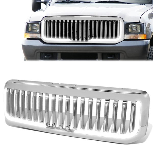 PARRILLA GRILLE - 99-04 FORD F-250, F-350, F-450, F-550 - VERTICAL FENCE STYLE - W/ LED DRL LIGHT - LED'S REQUIRE WIRING INTO EXISTING LIGHTING - CHROME