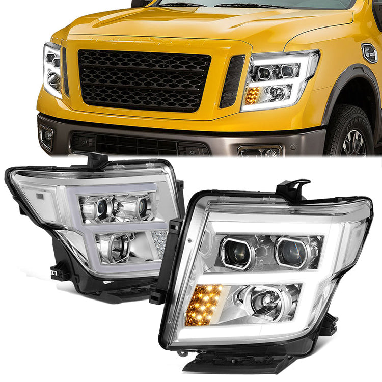 FAROS 17-22 NISSAN TITAN / 16-22 NISSAN TITAN XD - FITS MODELS WITH HALOGEN HEADLIGHTS ONLY - DOES NOT FIT FACTORY HID EQUIPPED MODELS - PROJECTOR CONVERSION E-PATTERN LED RUNNING LIGHT STRIP - H1 LOW BEAM / H1 HIGH BEAM / 2825 SIDE MARKER - CHROME