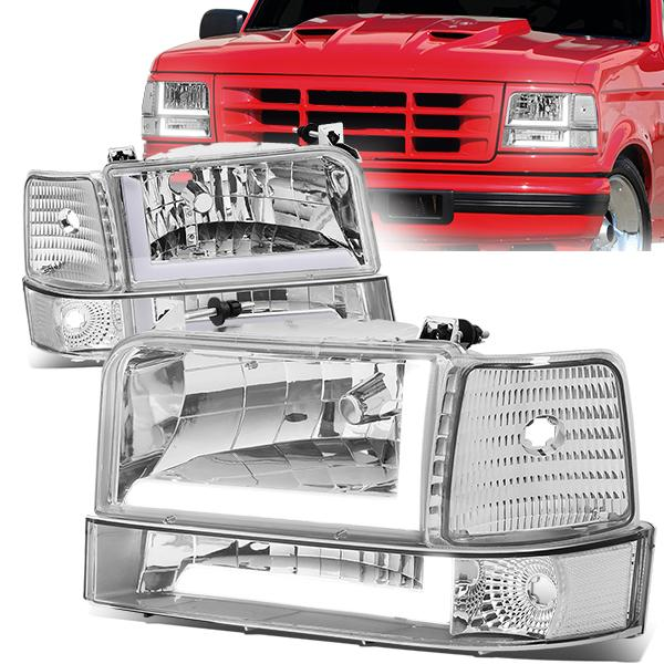 FAROS 92-96 FORD F-150, F-250, F-350 BRONCO - FITS MODELS WITH HALOGEN HEADLIGHTS ONLY - DUAL LED DRL - 4PC - CHROME HOUSING / CLEAR CORNER