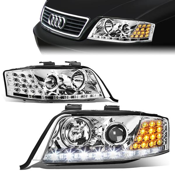 FAROS 98-01 AUDI A6, A6 QUATTRO - DOES NOT FIT MODELS WITH OEM XENON HID HEADLIGHTS - ONLY FITS MODELS WITH OEM HALOGEN HEADLIGHTS - LED DRL - PROJECTOR - CHROME HOUSING / CLEAR LENS / AMBER SIGNAL