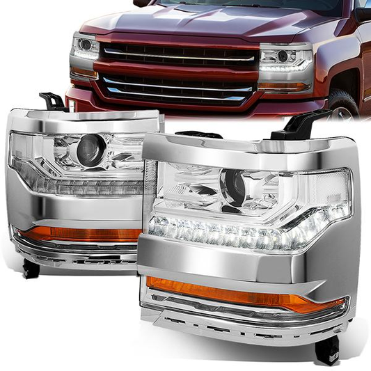 FAROS 15-18 CHEVY SILVERADO 1500 - LED DRL - PROJECTOR - CHROME HOUSING / CLEAR CORNER - D5S HID BULB / 7443A SIGNAL