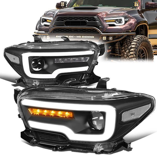 FAROS 16-20 TOYOTA TACOMA - FITS MODELS WITH HALOGEN HEADLIGHTS WITHOUT LED DRL - SEQUENTIAL SIGNAL LED DRL - PROJECTOR LOW BEAM - BLACK HOUSING / CLEAR CORNER - H7 HIGH / LOW BEAM / 2825 MARKER