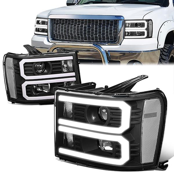 FAROS 07-13 GMC SIERRA 1500 / 07-14 GMC SIERRA 2500, 3500 - DOES NOT FIT 2007 CLASSIC STYLES - LIGHT BAR REQUIRES WIRING INTO EXISTING HARNESS - DUAL U-BAR LED DRL - BLACK HOUSING / CLEAR CORNER