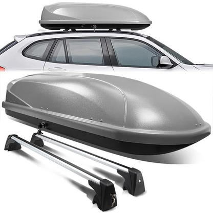 PORTAEQUIPAJE ROOF RACK CROSS BARS + CARGO ROOF BOX - 09-15 BMW X1 - MOUNTS ONTO OEM ROOF RAILS ONLY - GRAY