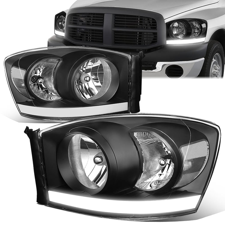 FAROS 06-08 DODGE RAM 1500 / 06-09 RAM 2500 , 3500 2/4-DOOR - FOR 2009 , FIT OLD BODY STYLE ONLY - DOES NOT FIT NEW BODY STYLE MODELS - STOCK HEADLIGHTS WITHOUT AMBER BAR - LED DRL - BLACK HOUSING / CLEAR CORNER - H13 LOW BEAM / HIGH BEAM
