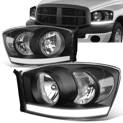FAROS 06-08 DODGE RAM 1500 / 06-09 RAM 2500 , 3500 2/4-DOOR - FOR 2009 , FIT OLD BODY STYLE ONLY - DOES NOT FIT NEW BODY STYLE MODELS - STOCK HEADLIGHTS WITHOUT AMBER BAR - LED DRL - BLACK HOUSING / CLEAR CORNER - H13 LOW BEAM / HIGH BEAM