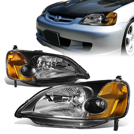 FAROS 01-03 HONDA CIVIC 2/4-DOOR - H4 LOW BEAM / HIGH BEAM - BLACK HOUSING / AMBER CORNER