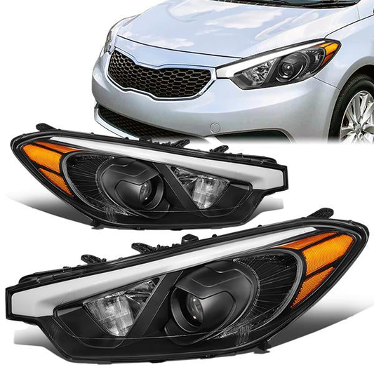 FAROS 14-16 KIA FORTE, FORTE KOUP, FORTE 5 - FITS HALOGEN MODELS W/O LED DRL ONLY - PROJECTOR LOW BEAM - H1 HIGH / H7 LOW / 2357A SIGNAL - BLACK HOUSING / AMBER CORNER