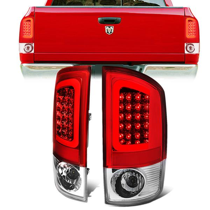 FAROS TRASEROS 02-06 DODGE RAM 1500 / 03-06 DODGE RAM 2500 , 3500 - RED C-BAR - 3D - U-HALO LED - CHROME / RED