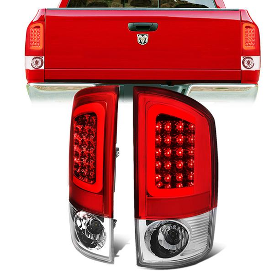 FAROS TRASEROS 02-06 DODGE RAM 1500 / 03-06 DODGE RAM 2500 , 3500 - RED C-BAR - 3D - U-HALO LED - CHROME / RED