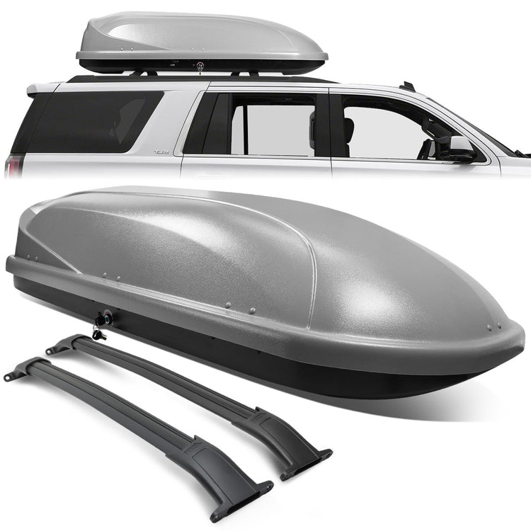 PORTAEQUIPAJE ROOF RACK CROSS BARS + CARGO ROOF BOX - 15-18 CADILLAC ESCALADE, CADILLAC ESCALADE ESV, CHEVY SUBURBAN, CHEVY TAHOE, GMC YUKON, GMC YUKON XL - MOUNTS ONTO OEM ROOF RAILS ONLY - GRAY