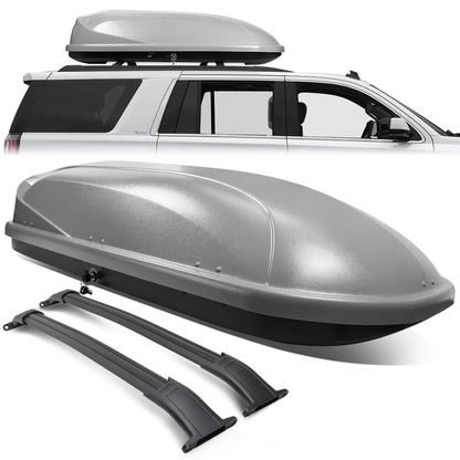 PORTAEQUIPAJE ROOF RACK CROSS BARS + CARGO ROOF BOX - 15-18 CADILLAC ESCALADE, CADILLAC ESCALADE ESV, CHEVY SUBURBAN, CHEVY TAHOE, GMC YUKON, GMC YUKON XL - MOUNTS ONTO OEM ROOF RAILS ONLY - GRAY